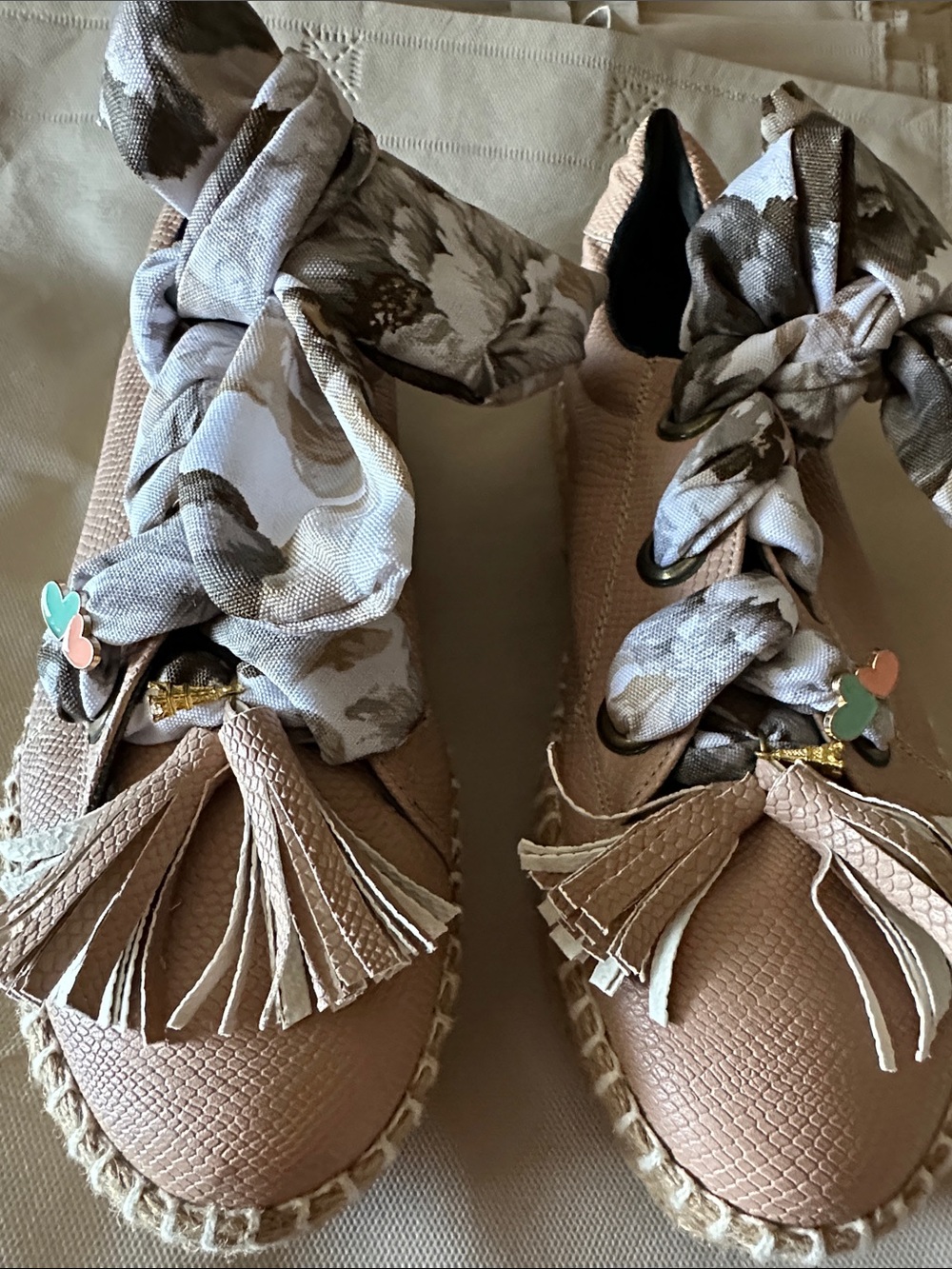Braided Taupe Espadrille Loafers with Scarf Tie and Tassels
